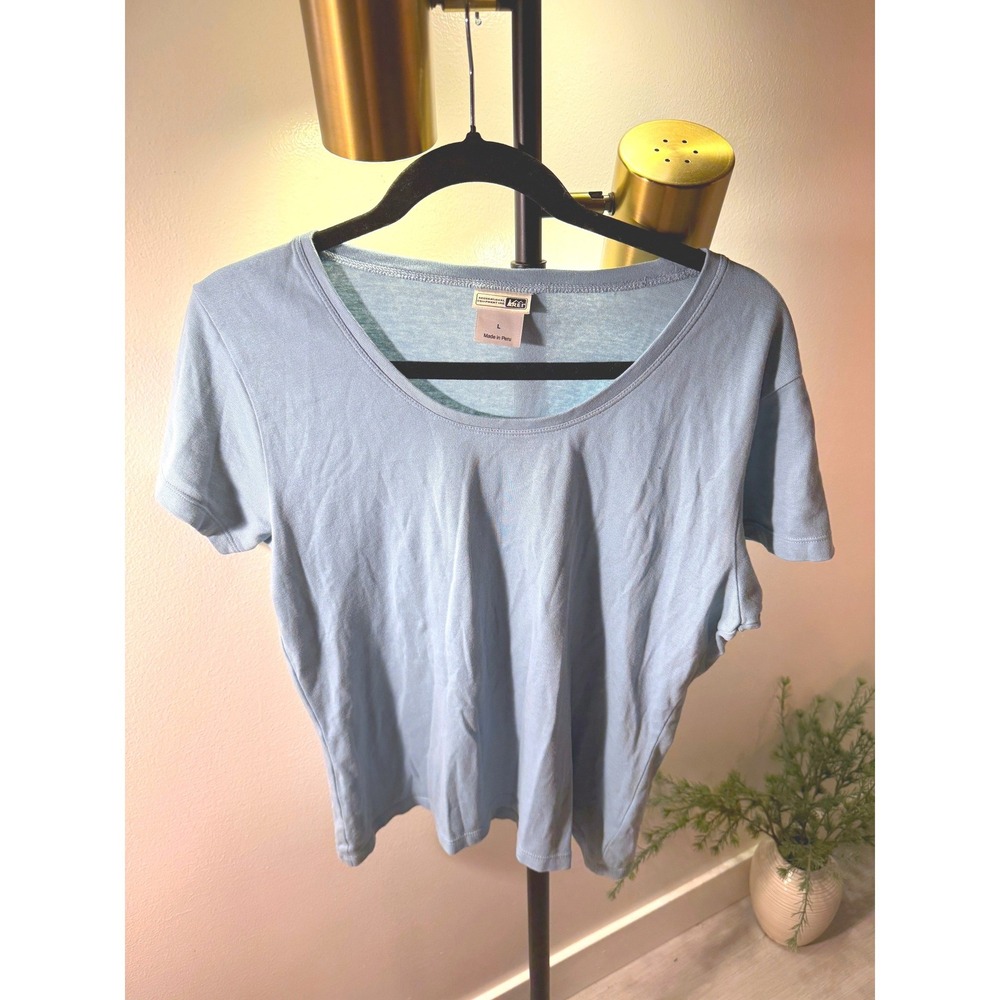 REI Womens Light Blue Scoop‎ Neck Cotton Lycra Stretch Short Sleeve Tee Large